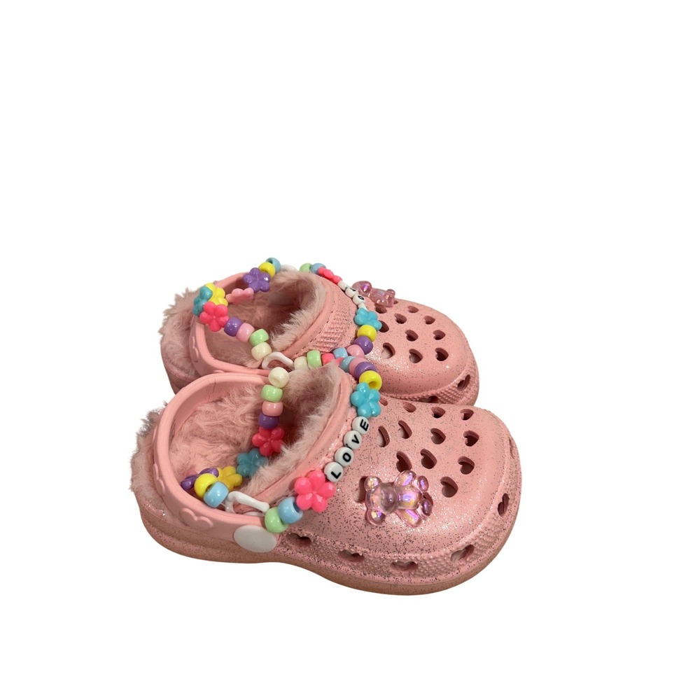 Stepping Stones Glitter Fur Lined Clogs Size 5 Pink Heart Beaded Charms Toddler